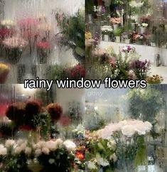 the window is covered with rain and flowers