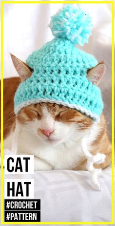 an orange and white cat wearing a blue crocheted hat on top of a bed