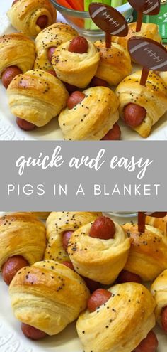 pigs in a blanket with football on the side and an image of hotdogs