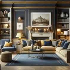 a living room filled with furniture and bookshelves