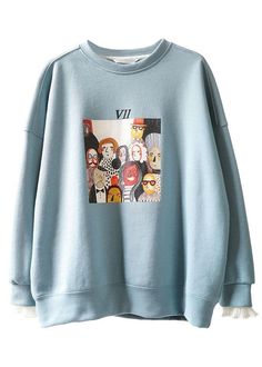 Comfy Blue Casual O-Neck Print Fall Sweatshirt - SooLinen Light Blue Graphic Print Sweatshirt For Fall, Fall Light Blue Sweatshirt With Graphic Print, Silk Beach Dress, Two Piece Sets Summer, Cotton Overalls, Jumpsuit Summer, Sweatshirt Fabric, Boho Green, Comfortable Room