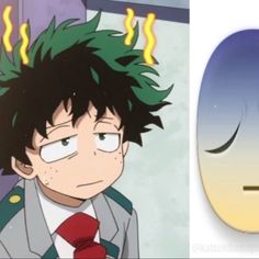 an anime character with green hair wearing a suit and tie, next to the same cartoon character