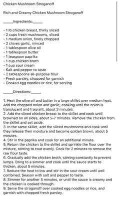 the recipe for chicken mushroom soup is shown in black and white