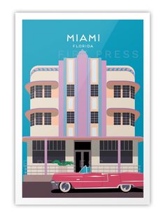 a couple standing in front of a pink building with palm trees and the words miami on it