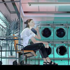 a woman sitting on a chair in front of a stack of washers