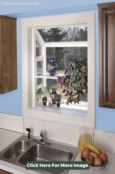 a kitchen window with plants and fruit on the counter