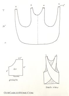 an image of a drawing of a top with measurements for the front and back sides