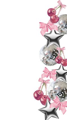 a group of shiny balls with pink bows and cherries on them are arranged in the shape of stars