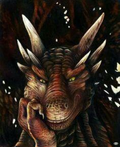 a drawing of a dragon with yellow eyes and large, sharp horns on its head