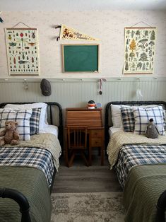 two twin beds with checkered blankets and teddy bears