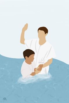 a man holding a child in the water with his arm raised up to their chest