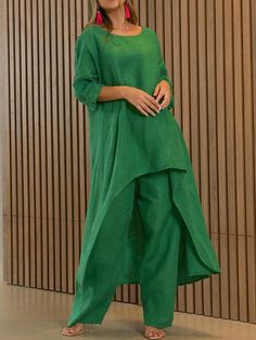 Per donna Camicia Completi di pantaloni Streetwear Verde Blu Informale Fine settimana Tinta unica Girocollo S M L XL del 2023 a € 46.99 Blouse And Pants, Linen Fashion, Traje Casual, Linen Casual, Maxi Robes, Sleeves Clothing, Weave Style, Loose Outfit, Casual Suit