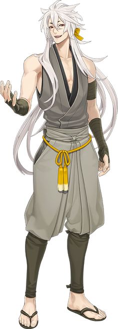 an anime character with long white hair and grey clothes, holding his hands out to the side