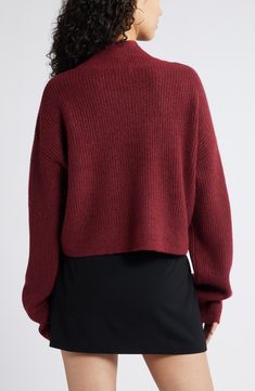 Be ready for chilly forecasts in a supersoft sweater that's topped with a ribbed mock neck and framed by roomy dropped shoulders. Mock neck Long sleeves Dropped shoulders 34% acrylic, 33% polyester, 30% recycled polyester, 3% spandex Machine wash, dry flat Imported Red Oversized Crew Neck Sweater, Burgundy Crop Sweater, Fitted Burgundy Crew Neck Sweater, Oversized Burgundy Long Sleeve Sweater, Long Sleeve Burgundy Knit Sweater, Red Grape, Red Grapes, Mock Neck Sweater, Be Ready