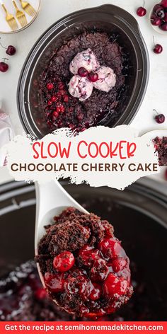 slow cooker chocolate cherry cake in a crock pot with cherries on the side