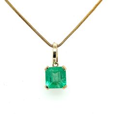 "8.34-carat Colombian Emerald solitaire pendant set in 14k gold basket 4-prong mounting. Comes with a detachable bail that fits any chain up to 6mm. Original bail fits 1mm-1.5mm chain. The emerald center stone features excellent color, luster, and brilliance. Set in a perfectly contrasting yellow gold mounting that lets the emerald take center stage and speak for itself. Details: ✔ Metal: 14K solid gold ✔ Gold Tone: Yellow gold ✔ Size: 13.7mm x 12.94mm x 9.95mm ✔ Bail Attachement: 14K Gold Emera Luxury Yellow Gold Emerald Necklace With Prong Setting, Classic Emerald Pendant Necklace With Diamond Cut, Classic Emerald Diamond Cut Pendant Necklace, Classic Diamond Cut Emerald Pendant Necklace, Classic Emerald Pendant Necklace With Prong Setting, Yellow Gold Emerald Pendant Necklace With Prong Setting, Classic Yellow Gold Emerald Pendant Necklace, Yellow Gold Emerald Necklace With Prong Setting, Classic 14k Gold Necklaces With Bail