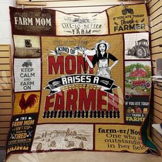 a quilt made to look like an old farmer's market stall with farm related items on it