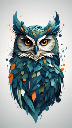 an owl with orange eyes and leaves on it's head is depicted in this colorful illustration