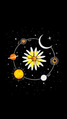 the solar system with sun, moon and planets in it on a black background illustration