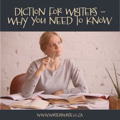 a woman is sitting at a desk with books and writing on it, which reads fiction for writer - why you need to know