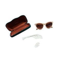 For Sale Is A Pair Of Rare, Nwot, Gucci Over-Sized Cat's Eye Sunglasses Made With Tan And White, Striped, Heavy Plastic Frames With Rose Lenses, The Gg Logo Design In Bronze/Antique Gold On One Side And A Tiger's Head On The Other Side! They Will Come With A New, Gucci Case And Dust Cloth! On The Interior Of The Frame It Reads ' Gucci, Made In Italy Ce' On One Side And 'Gg0569s 006 54 19 145' On The Other Side. Their Size Is 54 19 145. Gg Logo Design, Vintage Gucci Sunglasses With Tinted Lenses, Gucci Yellow Tinted Sunglasses, Gucci Brown Tinted Shield Sunglasses, Gucci Cat-eye Sunglasses With Tinted Lenses, Gucci Brown Anti-reflective Sunglasses, Gg Logo, Tiger Head, Gucci Accessories