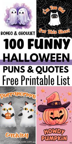 halloween printables for kids and adults with the words, 100 funny halloween puns and