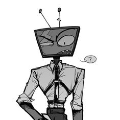 a black and white drawing of a person wearing a suit with a robot head on it