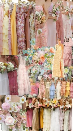 a collage of different dresses and flowers