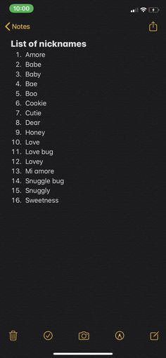 an iphone screen with the list of picknames in yellow and black on it