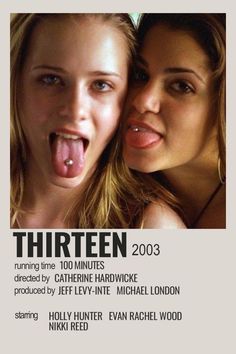 two young women making funny faces in front of a white poster with the words thirteen on it