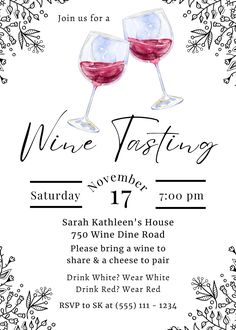 a wine tasting flyer with two glasses of red wine on the front and white background