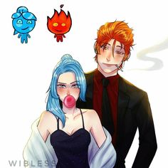 an image of two people with blue hair and red nose bubbles in front of them