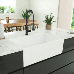 a white sink sitting under a kitchen faucet next to a counter top with a potted plant on it