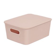 a pink storage box with a brown stripe pattern on the front and bottom, sitting against a white background