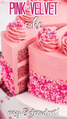 This pink cake is layers of fluffy pink velvet cake with a Swiss meringue buttercream and plenty of festive sprinkles. Pink Cake Recipe, Pink Velvet Cake, Pink Velvet Cakes, Birthday Cake Decorating Ideas, Velvet Cake Recipes, Cupcakes Recipes, Pink Birthday Cakes, Meringue Buttercream, Swiss Meringue