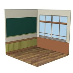 an empty room with a green chalkboard on the wall and wood flooring in front of it