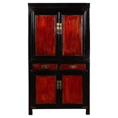 A Chinese black and brown lacquered cabinet from the early 20th century, with with brass hardware, four doors and drawers. Created in China during the early years of the 20th century, this cabinet features a linear silhouette made of a black body accented with brown panels. The upper section is adorned with two molded doors with slightly raised panels, that open thanks to brass hardware to reveal two inner shelves and hidden drawers. The central section comprises two drawers with brass hardware Antique Chinese Cabinet, Chinese Cabinet, Cabinet With Doors, Shop Cabinets, Modern Chinese, Cabinet Making, Raised Panel, Cabinets For Sale, Brass Hardware