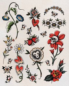 an old school tattoo design with flowers and hearts