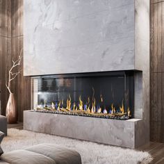 a modern fireplace in the middle of a living room