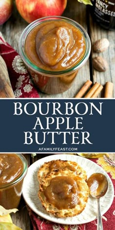 bourbon apple butter on a plate with apples and cinnamon in the background