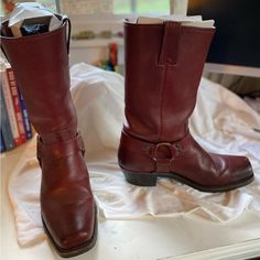 Frye Womens Red Harness Boots - Size 10 Classic Red Snip Toe Boots, Classic Red Goodyear Welted Boots, Western Red Leather Moto Boots, Western Style Red Leather Moto Boots, Floral Boots, Frye Shoes, Harness Boots, Shoes Heels Boots, Lady In Red