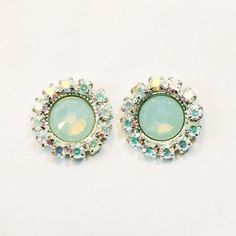 Mint Stud Earrings Mint Green Opal Crystal AB Studs Post earrings Halo Flat Swarovski rhinestones Cr Silver Crystal Earrings With Rhinestones, Silver Round Crystal Earrings With Rhinestones, Silver Crystal Earrings With Rhinestones For Anniversary, Silver Crystal Embellished Earrings For Anniversary, Round Crystal Rhinestone Earrings For Anniversary, Silver Rhinestone Crystal Earrings For Wedding, Silver Jeweled Bridal Earrings For Party, Silver Jeweled Crystal Earrings For Anniversary, Green Crystal Rhinestone Earrings For Wedding