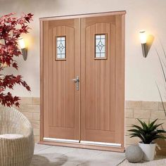 two wooden doors in front of a white wall and potted plant with red leaves