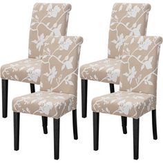 a set of three beige and white chairs with floral upholstered backrests