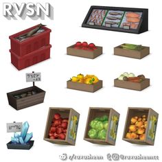 an assortment of fruits and vegetables in boxes