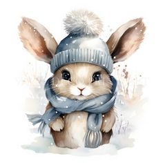 a watercolor painting of a rabbit wearing a hat and scarf