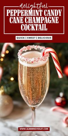 peppermint candy cane champagne cocktail with text overlay