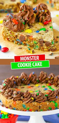 monster cookie cake with chocolate frosting and sprinkles