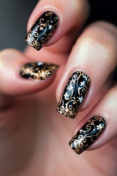 Want to try black and gold nails but not sure where to start? These 50 designs are perfect for beginners! Explore simple gold accents, gold glitter tips, and easy geometric designs.  Find inspiration for black and gold nails acrylic designs that are easy to recreate at home. Try these black and gold nails simple designs! Black Nails With Gold French Tip, Black Nails With Gold Tips, Gold Nails Simple, Black And Gold Nails Acrylic, Gold Nails Acrylic, Black And Gold Nail Designs, Gold Glitter Tips, Black Nails With Gold, Nails Acrylic Designs