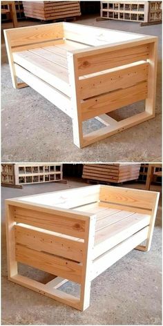 two pictures of a bed frame made out of wood